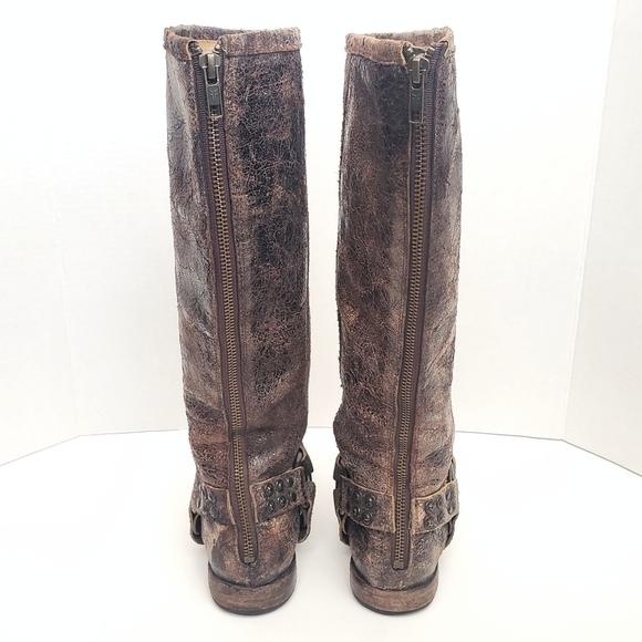 Frye Phillip Studded Harness Tall Riding Boots Brown Distressed Leather Size 5.5 - Picture 4 of 7